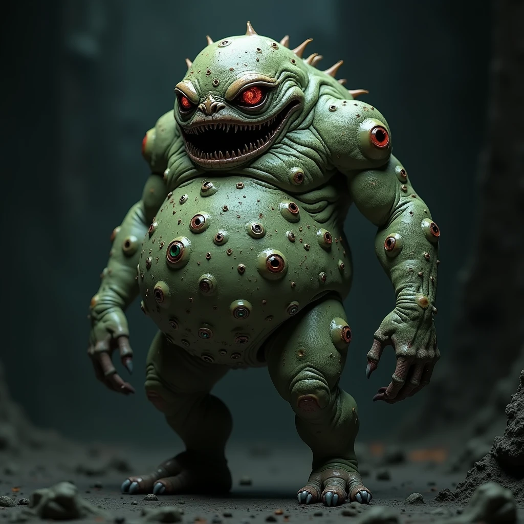A little strange FAT criature, só weird with so much teeth in a black room