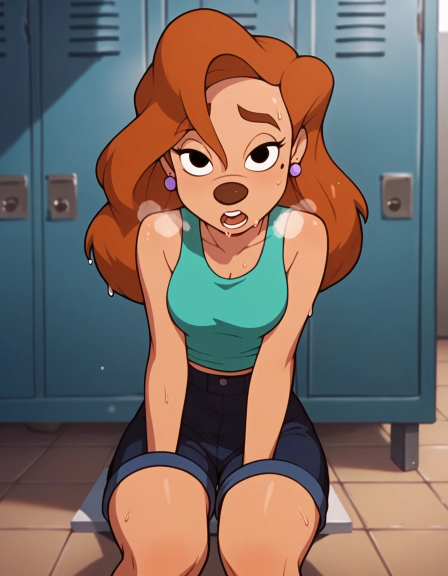 roxanne, 1girl, brown hair, long hair, solo, earrings, black eyes, green tanktop, blue shorts, furry female, shorts,, score_9, score_8_up, score_7_up, score_6_up, score_5_up, score_4_up, looking at viewer, gym locker, hands on knees, sweaty, sexy, wet with sweat, exhuasted, out of breath, breathing, dripping sweat, chin sweating, open mouth