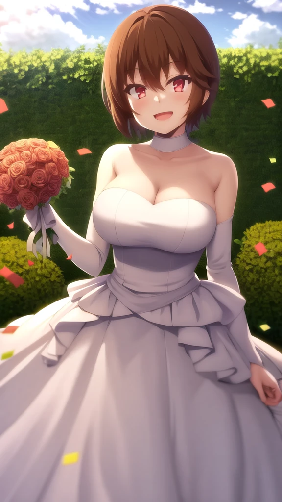 masterpiece, best quality, high quality, girl, solo, looking at viewer, keyaru_kaifuku_jutsushi, brown hair, red eyes, hair between eyes, large breasts, wedding Dress, standing, garden, confetti, holding bouquet, smile, open mouth,