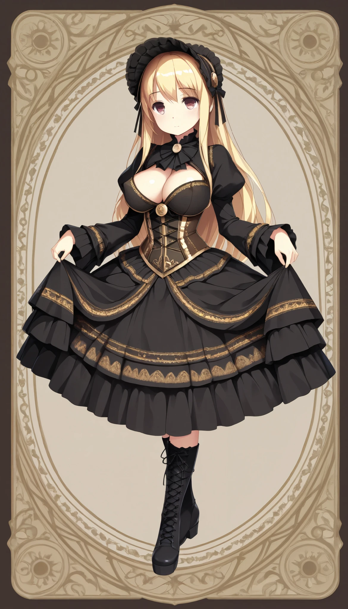 solo woman wearing dress and boots , baroque dress, wearing a detailed steampunk dress, elegant gothic princess, victorian gothic lolita fashion, historical baroque dress dark, black gothic lolita dress, fantasy style clothing, rococo dress, black rococo, classic witch, fantasy costume, wearing a gothic dress, romantic dress, gothic dress,blonde,,(((upper body portrait))), ((huge breasts:1.2), (large breasts:1.2), (Uplifted and well-defined bust:1.2), (lifted chest:1.2), (perky breasts :1.2),(deep cleavage:1.4), 