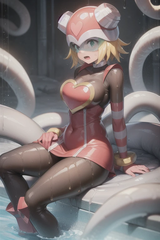 harpnote_megamansf, 1girl, blonde hair, short hair, bodysuit, heart, (helmet), green eyes, looking behind, crying, high quality, sad, masterpiece, torn clothes, bodysuit, breasts, large hips, concerned, tears, boobs out, thicc, torn clothes, slime all over, tentacles, open mouth, exposed breasts, defeated, perky breasts, cut clothes, ripped clothes, weak, belly button, tight clothes, torn bodysuit, transparent clothes, Thicc, raining, surrounded, trapped, imprisoned, tentacles grab leg, wet, wet clothes, captured, pantyhose, sewer, raining, side boob, green tentacles, penetration , surrounded by tentacles, tentacle penetration, penetrate, heart attack, dead eyes, pantyhose, agony, tears, bound, skirt, slimy tentacles, sticky tentacles, side view, , tentacle touches, tentacles grabbing, restraining, looking at viewer, laying down on belly, hands to the side, 
