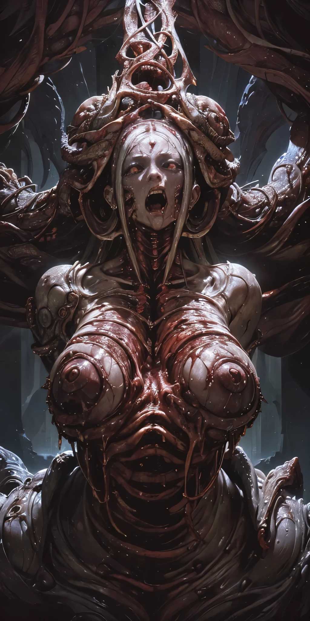 (body horror:1.4), portrait , close up , (biomachine:1.3), (bloody:1.2), living being, (colorful:1.2), Hans Giger, many hands, (tangled:1.2),
Granulated, extremely detailed , Intricate Detail , dynamic lighting, photorealistic , natural lightting, low light,
( masterpiece , detailed, highres icon: 1.2), blood, red liquid , red