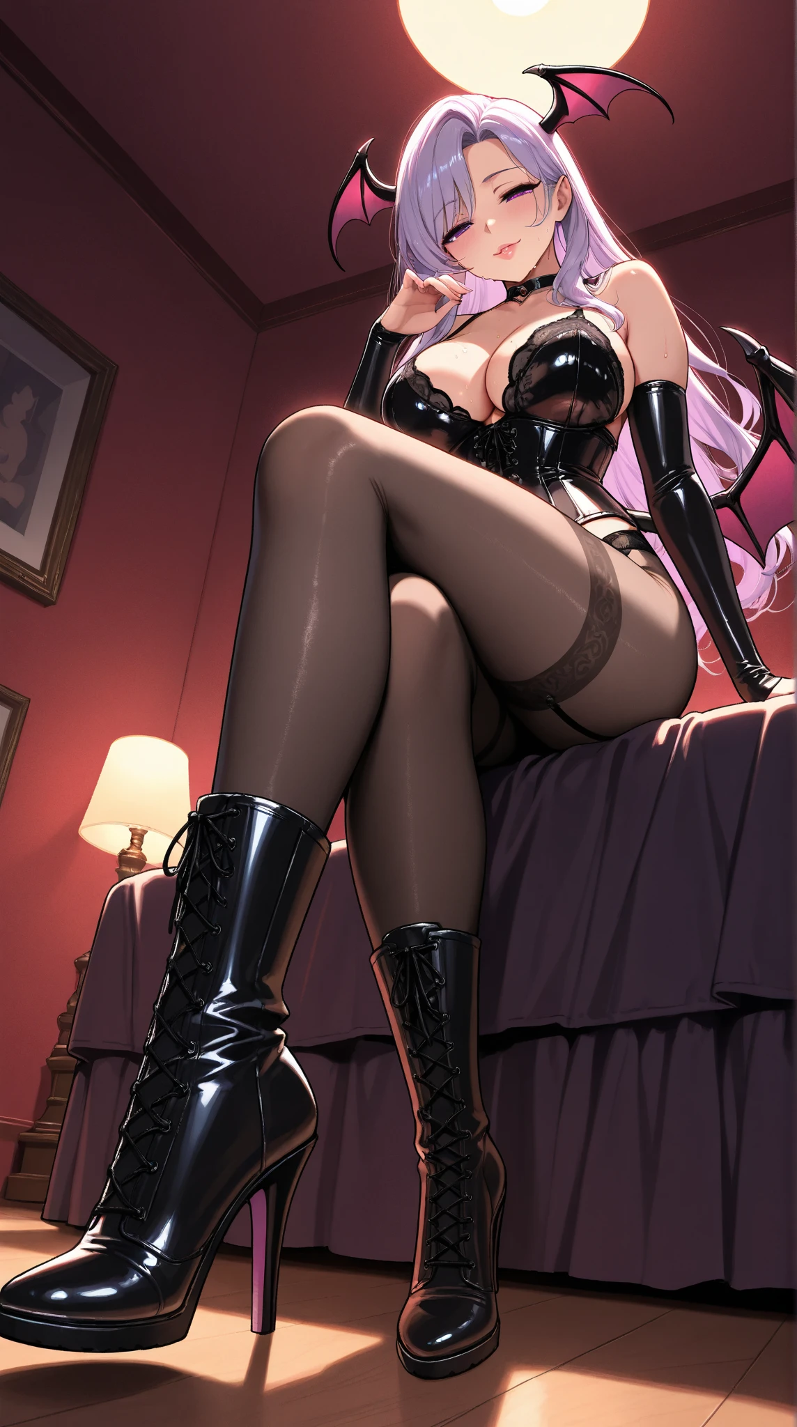  1 mature bewitching woman ,(masterpiece, top quality, very detailed depiction, Incredibly Absurd High Definition ),( succubus),( black lingerie, corset,latex, black tights, high heels, boots),( purple eyes, looks down on you, Half Closed Eyes , bewitching smile , cleavage,Glossy lips, are opening their mouths,Seductive gestures,Beautiful legs,Beautiful thighs),sweat, full body image :1.3,Dimly lit room,Lamplight