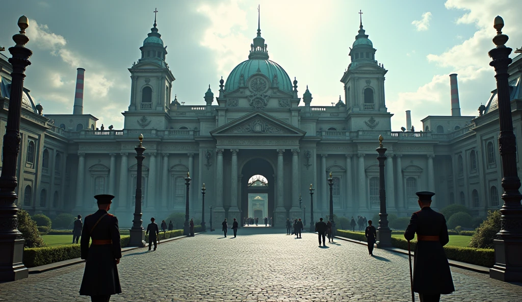 A majestic palace rises in the heart of a sprawling industrial-era city, its grand facade adorned with intricate carvings and towering columns that exude authority and sophistication. The symmetrical architecture is crafted from weathered stone, its gray tones glinting faintly under the diffused sunlight breaking through a cloudy sky. Positioned within a prestigious district surrounded by cobbled streets and verdant, manicured gardens, the palace is a hub of activity, with officials and citizens alike moving purposefully under the watchful eyes of uniformed guards.

The camera captures a straight-on angle, with a slight upward tilt to emphasize the towering spires and statues that adorn the palace roof, creating a sense of awe. A cool, dramatic color palette enhances the formal atmosphere, while realistic lighting highlights the play of shadows on the ornate details. Steam-powered carriages and bustling pedestrians fill the streets, blending the industrial marvels of the era with the regal ambiance. In the distance, chimneys release plumes of smoke, their rhythmic patterns contrasting with the palace's timeless gravitas. The scene encapsulates the balance of industrial progress and institutional tradition, set against an air of civic order and ambition.

