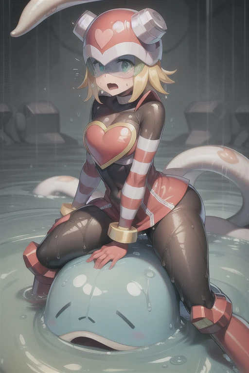 harpnote_megamansf, 1girl, blonde hair, short hair, bodysuit, heart, (helmet), green eyes, looking behind, crying, high quality, sad, masterpiece, torn clothes, bodysuit, breasts, large hips, concerned, tears, boobs out, thicc, torn clothes, slime all over, tentacles, open mouth, exposed breasts, defeated, perky breasts, cut clothes, ripped clothes, weak, belly button, tight clothes, torn bodysuit, transparent clothes, Thicc, raining, surrounded, trapped, imprisoned, tentacles grab leg, wet, wet clothes, captured, pantyhose, sewer, raining, side boob, green tentacles, penetration , surrounded by tentacles, tentacle penetration, penetrate, heart attack, dead eyes, pantyhose, agony, tears, bound, skirt, slimy tentacles, sticky tentacles, side view, , tentacle touches, tentacles grabbing, restraining, looking at viewer, laying down, press on ground, 
