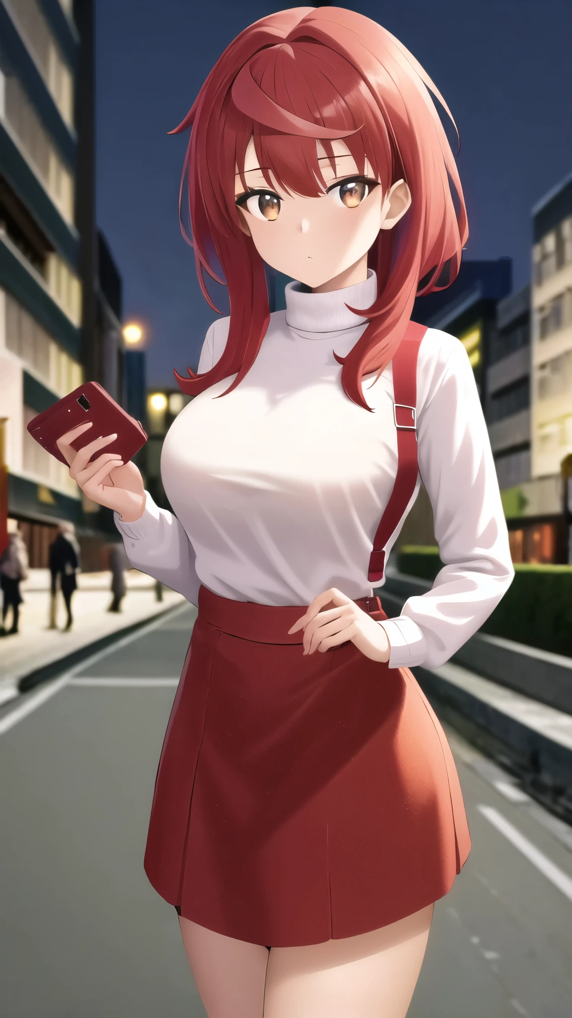 masterpiece, best quality, highres, girl, solo, looking at viewer, enjou_retto, Red hair, Brown Eyes, large breasts, sweater dress, long sleeves, turtleneck, outdoors, street, standing, cowboy shot, night