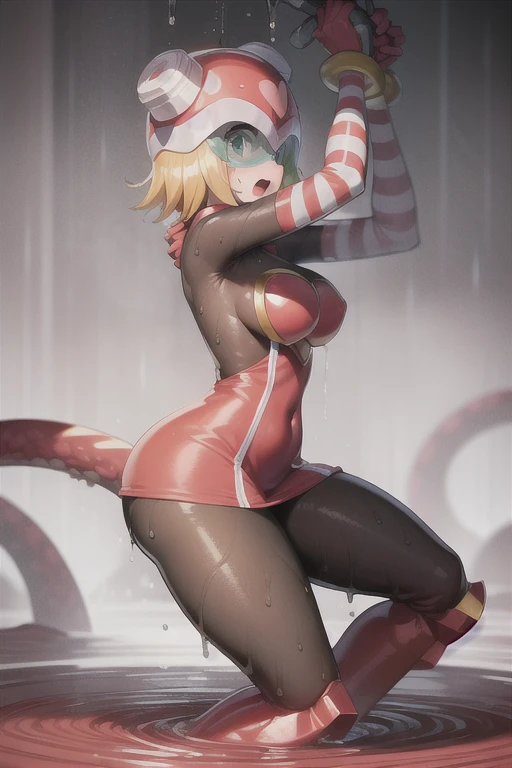 harpnote_megamansf, 1girl, blonde hair, short hair, bodysuit, heart, (helmet), green eyes, looking behind, crying, high quality, sad, masterpiece, torn clothes, bodysuit, breasts, large hips, concerned, tears, boobs out, thicc, torn clothes, slime all over, tentacles, open mouth, exposed breasts, defeated, perky breasts, cut clothes, ripped clothes, weak, belly button, tight clothes, torn bodysuit, transparent clothes, Thicc, raining, surrounded, trapped, imprisoned, tentacles grab leg, wet, wet clothes, captured, pantyhose, sewer, raining, side boob, green tentacles, penetration , surrounded by tentacles, tentacle penetration, penetrate, heart attack, dead eyes, pantyhose, agony, tears, bound, skirt, slimy tentacles, sticky tentacles, side view, , tentacle touches, tentacles grabbing, restraining, looking at viewer, held down, 
