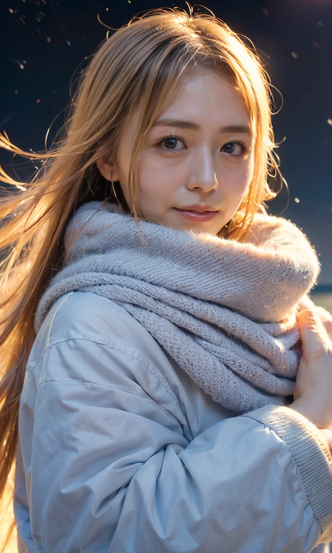 ((hair blowing in the wind、no makeup:1.2))、(realistic、Photoreal、Super detailed、best detailed skins、highest quality、masterpiece、超A high resolution)、cute russian woman、14 years、high school girl、young girl、1 girl、have bangs、ash blonde:1.7、double eyelid、drooling eyes、Japanese style face、purity、realistic skin type、thick muffler、Gray muffler、fluffy hair、((There'hair in scarf:1.3))、red cheeks、The wind is blowing、that'It's snowing、night、illumination、Lighting from behind、hair blowing in the wind、((Antarctica、A meteor shower、A world view of the aurora))