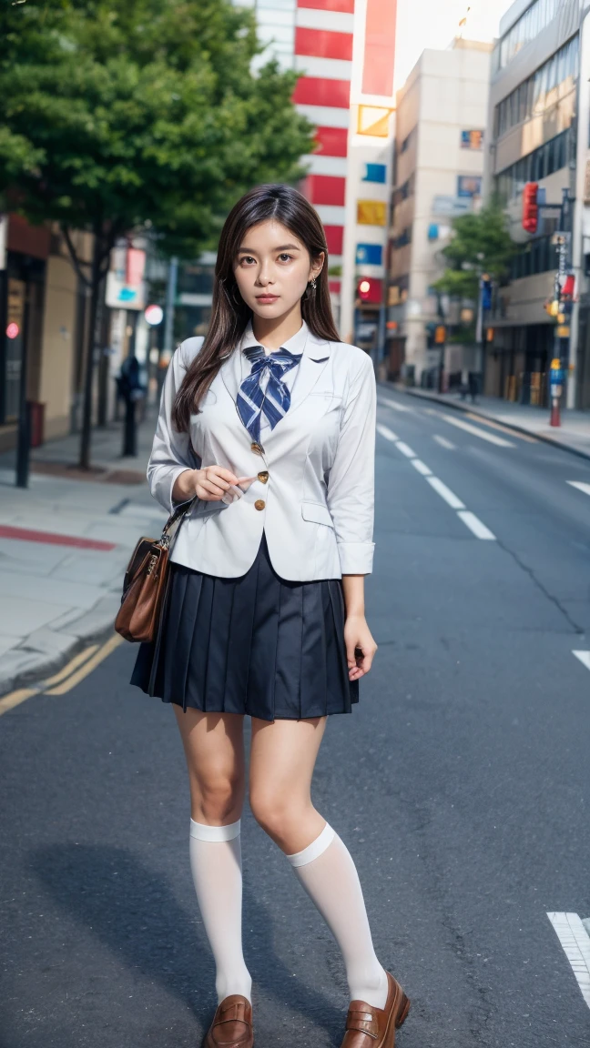 a beautiful 18 year old Japanese high school girl with perfect anatomy, healthy thighs, beautiful legs, beautiful skin, random hair color and style, large breasts, (wearing a Japanese schoolgirl uniform:1.3), (she is standing:1.2), penny loafers, holding a student bag, full body shot, standing on a city street, (best quality,4k,8k,highres,masterpiece:1.3),(extremely detailed:1.2),photorealistic,ultra-detailed,vivid colors, studio lighting, professional, Kyoko Yoshine