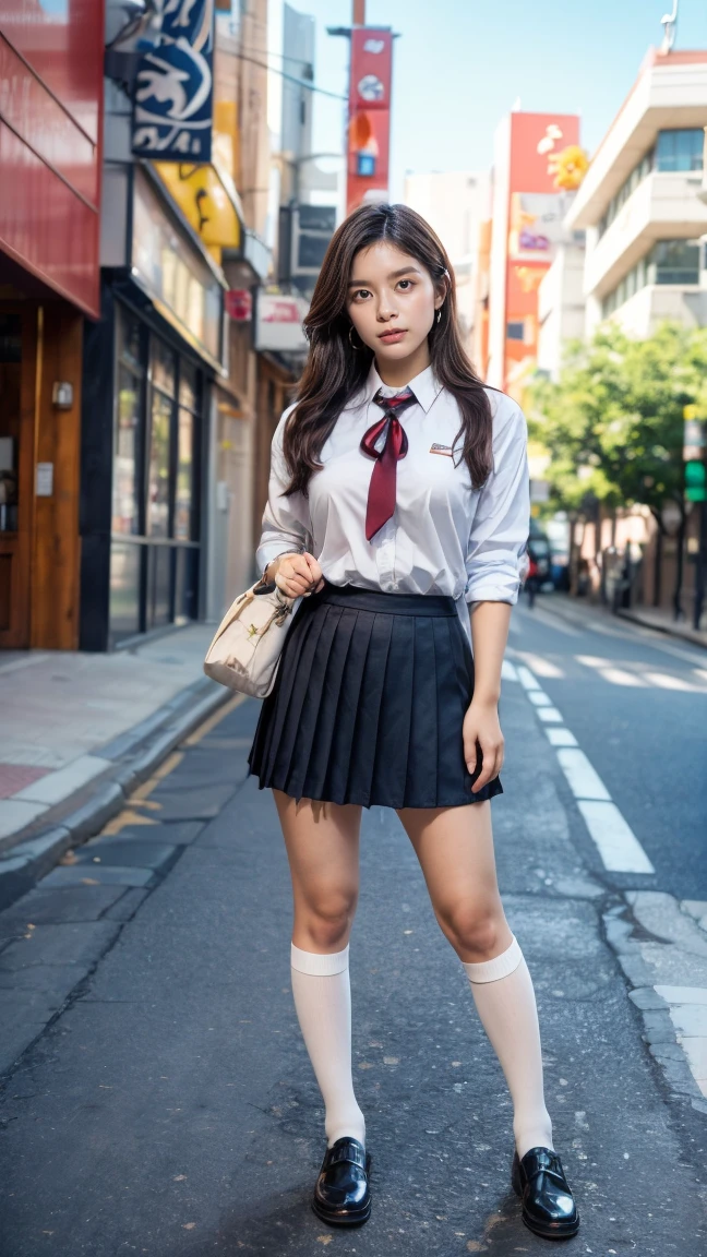 a beautiful 18 year old Japanese high school girl with perfect anatomy, healthy thighs, beautiful legs, beautiful skin, random hair color and style, large breasts, (wearing a Japanese schoolgirl uniform:1.3), (she is standing:1.2), penny loafers, holding a student bag, full body shot, standing on a city street, (best quality,4k,8k,highres,masterpiece:1.3),(extremely detailed:1.2),photorealistic,ultra-detailed,vivid colors, studio lighting, professional, Kyoko Yoshine