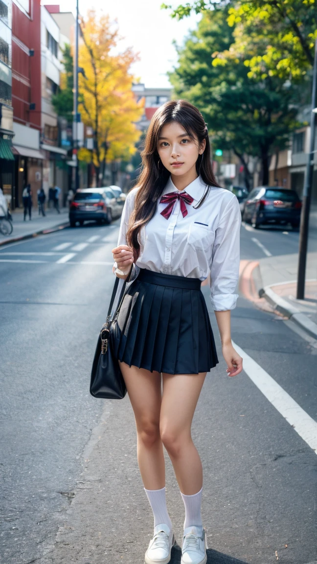 a beautiful 18 year old Japanese high school girl with perfect anatomy, healthy thighs, beautiful legs, beautiful skin, random hair color and style, large breasts, (wearing a Japanese schoolgirl uniform:1.3), (she is standing:1.2), penny loafers, holding a student bag, full body shot, standing on a city street, (best quality,4k,8k,highres,masterpiece:1.3),(extremely detailed:1.2),photorealistic,ultra-detailed,vivid colors, studio lighting, professional, Kyoko Yoshine