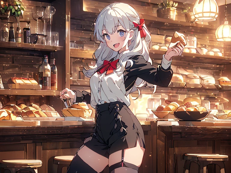 Young girl with grey hair, ((fringed and curly hair)),((curly short twintail)), curly hair ,(red eyes),, ((small bushy eyebrows)), wearing gothic lolita clothing, lolicon , walking to school, bored look, bored face,, suddenly having sex in public, ((doggy style sex)), ((public sex in a restaurant)) naked ass in the male crotch, perfect anatomy, young boy fucking her
