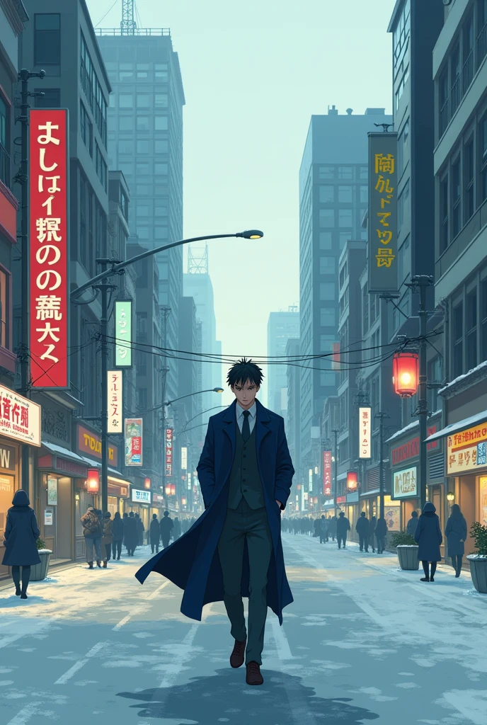 Studio Ghibli style, ashitaka-looking male with navy long coat, walking donwtown Shinjuku during cold morning, slightly sorrow expression.