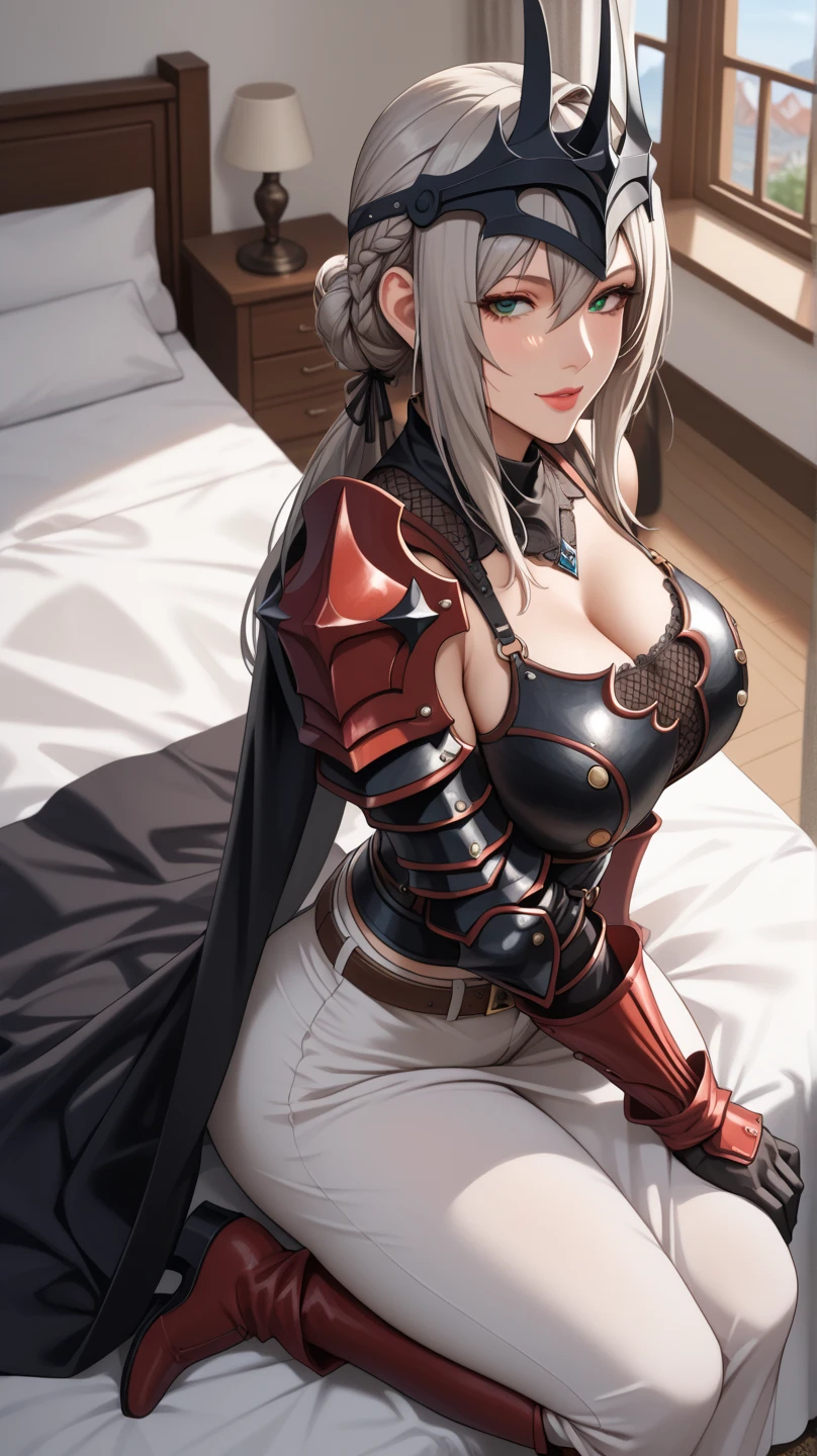 masterpiece, best quality, Edelgard von Hresvelg, purple eyes, hair ribbon, red cape, black jacket, yellow bikini with metal sandals, ascot tie, red gloves gauntlets, full body sitting on bed, sitting, portrait, looking at viewer, furrowed brow, smile red blushed, crossed arms, bedroom background