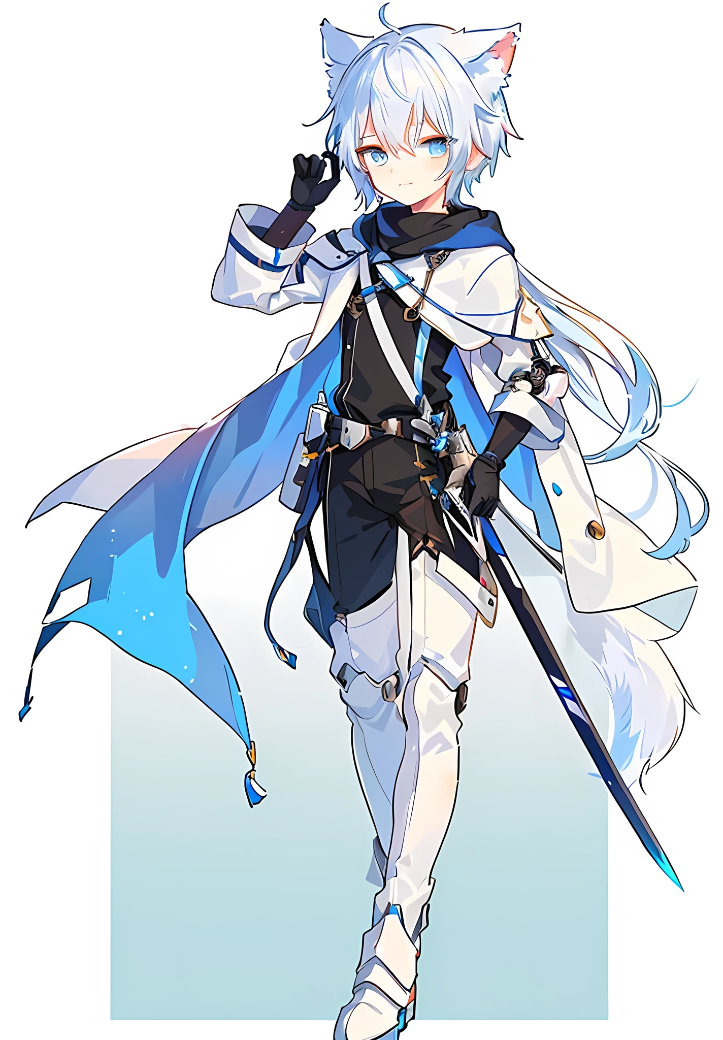Game CG, 8K quality ,((ONE boy)),hood , anime male protagonist , Wolf Ear,Tail,Handsome Face ,head mounted display, Silver White and Sky Blue Dye,Full Body Mechanical Armor,Jumpsuit,Mechanical gloves, mechanical combat boots ,Full body portrait, No Background ,Mechanical Sword