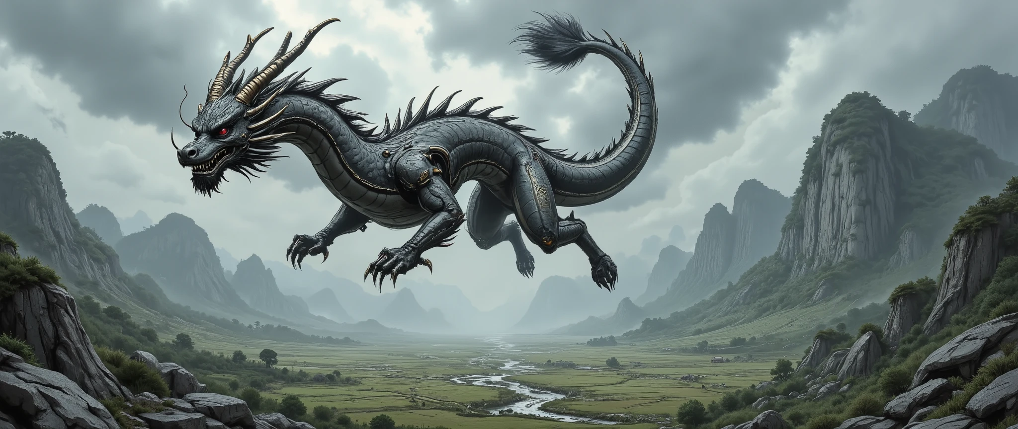 Wide view, high angle looking down the farmland shot, futuristic, Fantasy, cinematic scene. Dramatic storming sky background. The Chinese Dragon, The Asian black Dragon. the body is long, austere dark and metallic, the antler is metal, the eyes is Ruby and shining, four lég woth sharpen claws, golden beautiful fin and tail. wandering through sky, Golden runes and cybernectic line decorate, Grimmdark, mechanical. (Ultra-realistic, 32k, Masterpiece, High Quality, Detailed Realistic Background, Official Art, Realistic Lighting, filmfotos, film grain, reversal film photography).