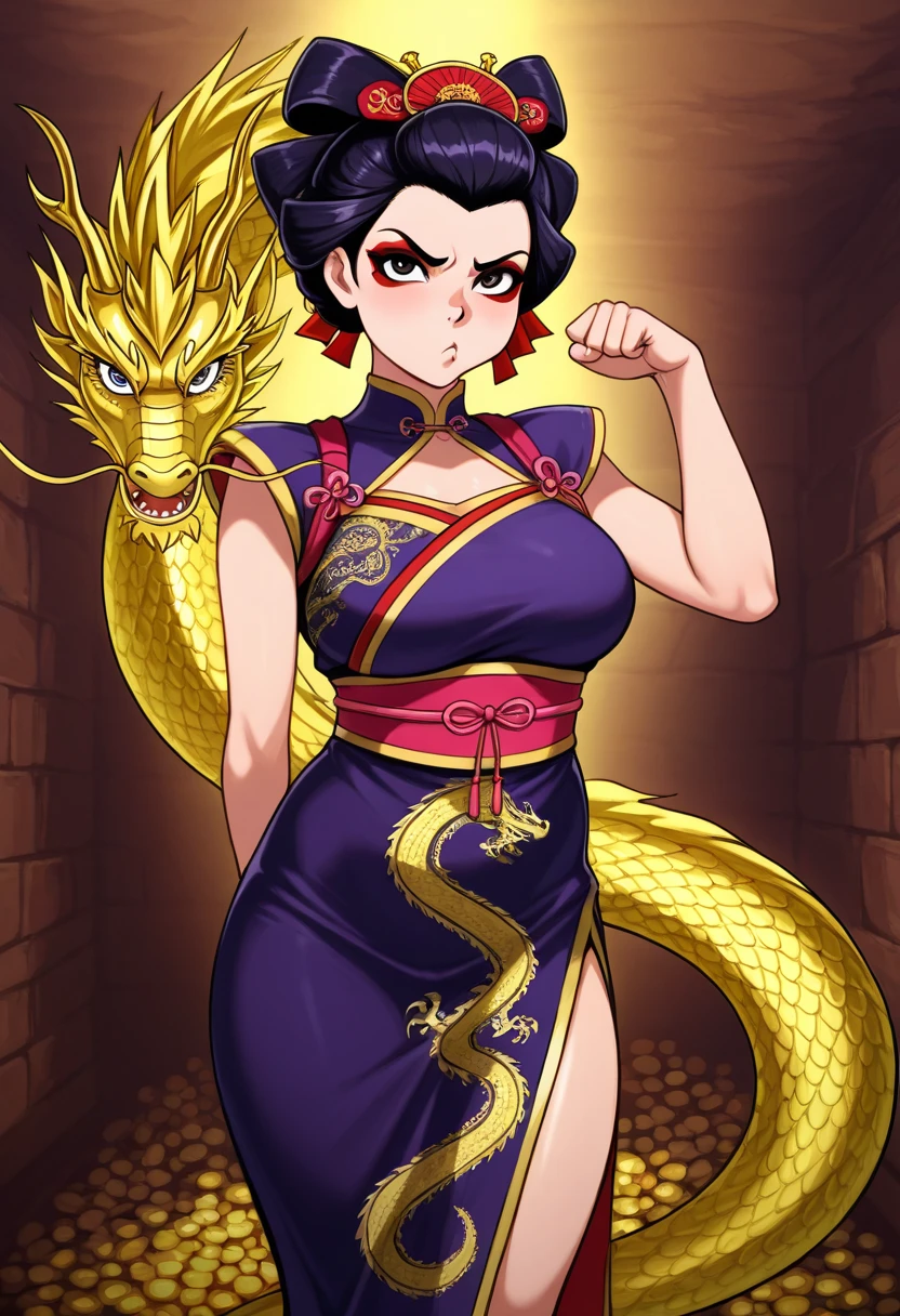 score_9, score_8_up, source_anime, best quality, Boa Hancock, black hair, blue eyes, long hair, forehead, large breasts, standing, looking at viewer, china dress, purple clothes, indoor, from front, cleavage, snake pierce, smile