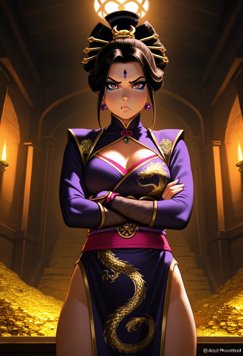 (masterpiece, best quality:1.2) from below intricate details, spirit blossom soraka, 1girl, purple skin, colored skin, single horn, kimono, hair ornament, bare shoulders, smile