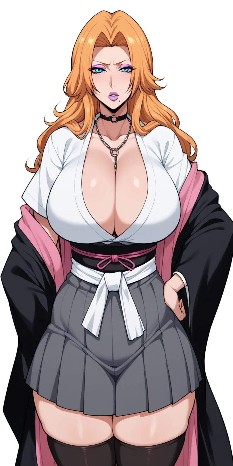 score_9,score_8_up,score_7_up,score_6_up,score_5_up,score_4_up,rating:explicit,1girl, breasts, solo,thighhighs, white background,simple background,hand on hip, cleavage, makeup, looking at viewer, bare shoulders, thighs, covered navel,, lipstick, huge breasts, thick thighs, purple lips, collarbone, wide hips, mature female, phosphor pink lipstick, plump lips, phosphor pink eyeshadow，rangiku matsumoto, long hair, grey eyes, orange hair, mole, mole under mouth, parted bangs,
skirt, shirt, cleavage, jewelry, school uniform, pleated skirt, necklace, chain, collar, short sleeves, grey skirt, white shirt,
long sleeves, cleavage, jewelry, japanese clothes, kimono, necklace, black kimono, hakama, black hakama, sash, white sash,