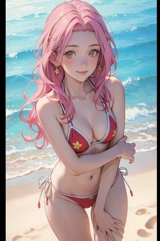 (high resolution, upper body, soft skin:1.2),(best illustration,masterpiece:1.2),ultra-detailed,[(cat ears ,pink inside:1.2),vivid colors,sharp focus,portrait,misty lighting,bokeh, wearing a purple bikini, sandy pier, misty morning, smiling, sitting on the rocks 