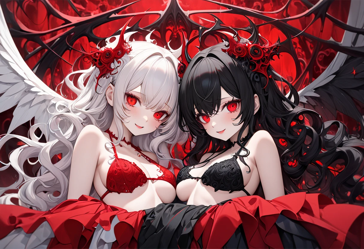 light skin color, white hair color long hair, Bigchest, 1:70, sexy for, succubi, Two tail, red eyes, A sexy pose, demons, 26 year old, succubus mark, The girl holds one, White hair, eBlue eyes, Mother and daughter.Squat down and open your legs