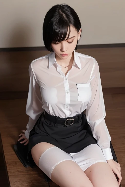 realistic, soft lighting, beautiful  young girl, short black hair. pale skin. very mysterious. White school shirt with one chest pocket, very thin material ((The shirt is very transparent) ((the color of the nipples is visible from the outside)), long sleeves. white straight knee-length skirt, black school belt, no trousers, long thighs and legs, long white socks, black loafers school shoes.
sitting leaning on a bench in the classroom hallway, opening her thighs to show her vagina, exhausted, orgasm, climax orgasm, miserable, sweat pouring down her face, all over her body,