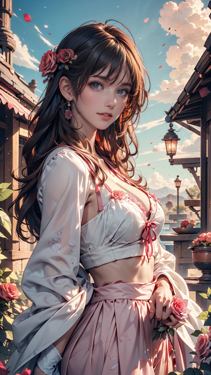 masterpiece, Highest quality, Waterfront, banquet, 1 female, Mature Woman, elegant, Chinese style, ancient China, younger sister, Royal younger sister, Happy, Meatball Head, Light brown hair, Pink Eyes, Gorgeous hat, Light pink lips, Pink clothes, thread-like clothes, intellectual, Full Bang, Flat bangs, Flower Ball, Delicate face,Updo