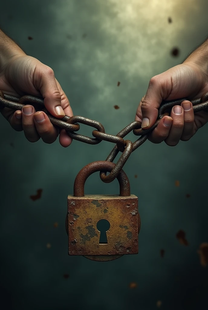 a close up of a man in a black shirt holding a chain, the the man is wrapped in chains, shackles in his hands, shackled in the void, dormant in chains, wearing chains, chains broken on hands, neck shackle, chains on hands, handcuffed, wearing a chain, handcuffs, chains, broken shackles, the shackled