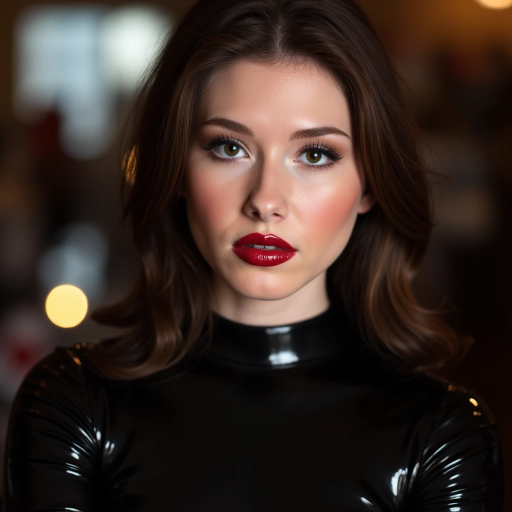 portrait, she is wearing shiny red lip gloss, looking directly at the viewer, she is wearing a latex catsuit, latex covering her whole body, skinny figure