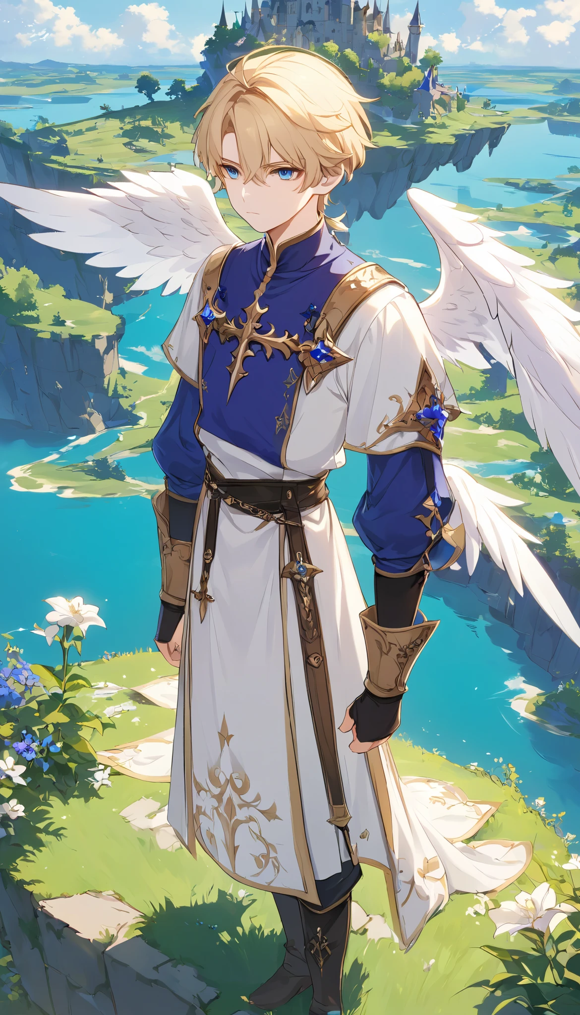  a male boy ,  blond hair ,  with blue eyes , with white wings to the spectator , Prince clothes , medieval clothes ,  medieval fantasy ,  in a garden on a floating island watching the landscape, Melancholic blond angel, Thoughtful, Serious