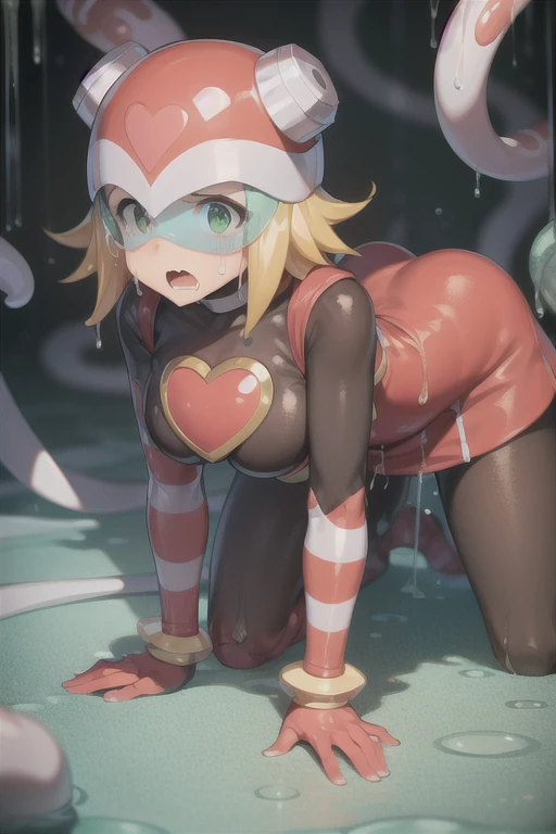 harpnote_megamansf, 1girl, blonde hair, short hair, bodysuit, heart, (helmet), green eyes, looking behind, crying, high quality, sad, masterpiece, torn clothes, bodysuit, breasts, large hips, concerned, tears, boobs out, thicc, torn clothes, slime all over, tentacles, open mouth, exposed breasts, defeated, perky breasts, cut clothes, ripped clothes, weak, belly button, tight clothes, torn bodysuit, transparent clothes, Thicc, raining, surrounded, trapped, imprisoned, tentacles grab leg, wet, wet clothes, captured, pantyhose, sewer, raining, side boob, green tentacles, penetration , surrounded by tentacles, tentacle penetration, penetrate, dead eyes, pantyhose, agony, tears, bound, skirt, slimy tentacles, sticky tentacles, side view, , tentacle touches, tentacles grabbing, restraining, looking at viewer, held down, white water, on all fours, impregnated, impregnation, pregnant, short skirt 
