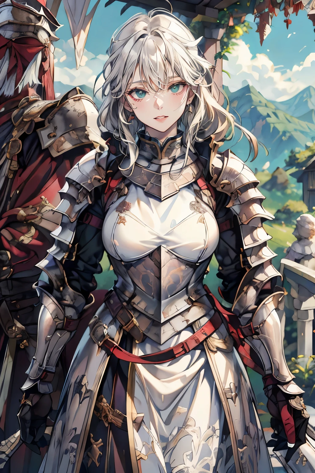 woman in her 20s、1 person、With a round face、Round jaws、Close-up of a woman in armor with a sword, Armor girl, female knight, full armor, full armor, gorgeous female paladin, female knight, of a Beautiful female knight, Beautiful armor, Plump、full armor, armor、Gorgeous full-body armor, Stunning armor, Trending with Art Station Pixiv, Beautiful female knight、holding a greatsword、Great Sword of Steel、happy look、looking here、look at me、Lakeside、White battle flags are lined up、beautiful mountains in the background、Black string、black pattern, green eyes, single person, fully covering armour, realistic proportions, historical armour, smaller breasts, small breasts, white hair, standing alone, green eyes, knight armour, no one in background, scenic view of mountains in background, remove the red person in the background