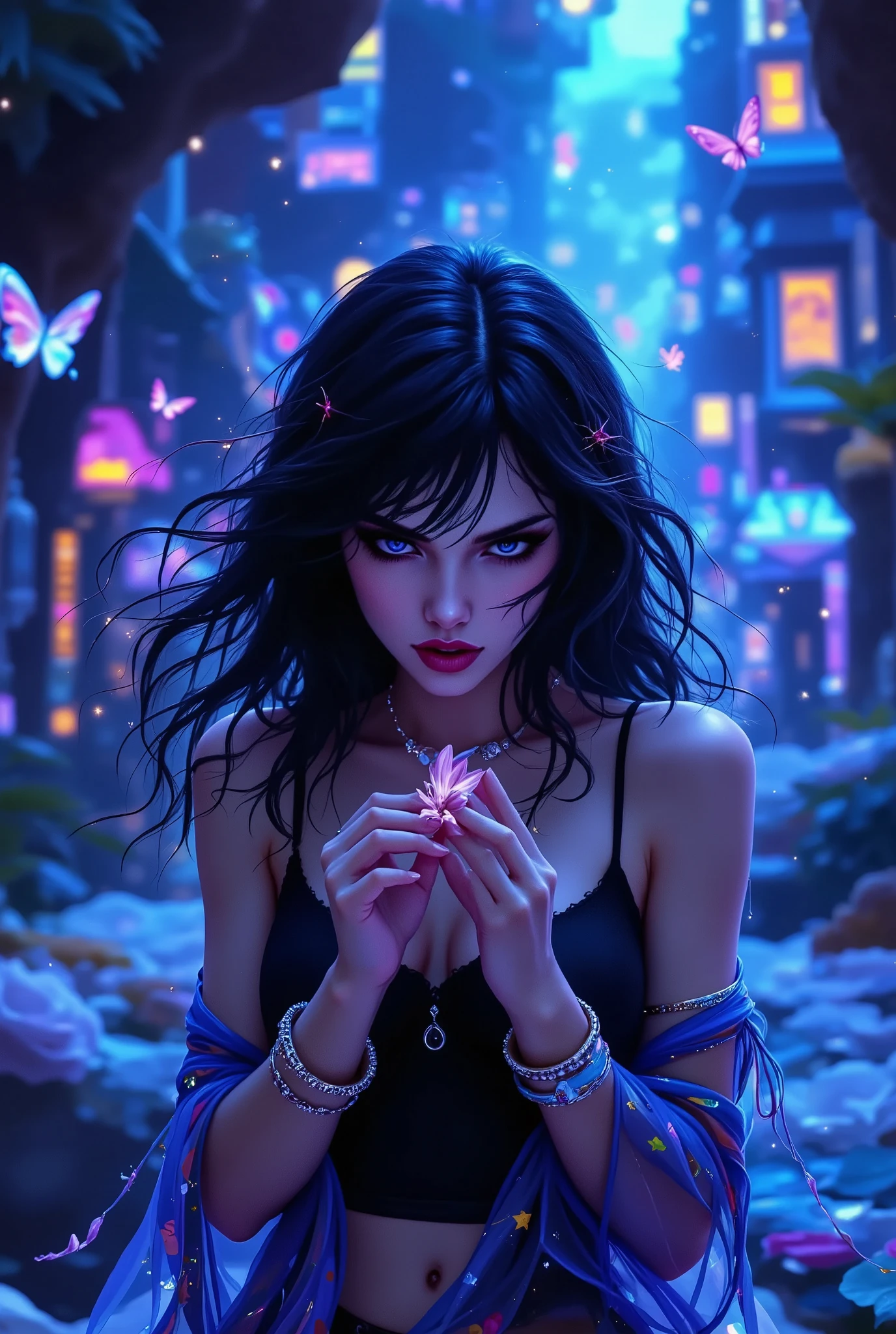 solo focus, sfw, ((portrait of a girl)), upper body, abstract art, surreal, touching a butterfly, floating hair, butterflies, glowing scenery, (falling petals, rose petals:1.2), blue theme, crimson theme, (aquamarine theme:1.2), (dark contrast:1.3), color chiaroscuro, (abyss, mysterious fields:1.3), amazing background, subsurface scattering, whimsical ethereal art, strange colors, multiple colors, random colors