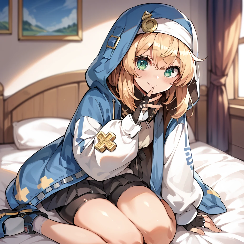 (masterpiece, best quality),(high resolution),(detailed),(((anime style))),solo, 1girl, cute girl,bridget, big eyes,hooded jacket, long sleeves, black gloves, fingerless gloves, black pleated skirt, (bike shorts),bedroom,indoor,