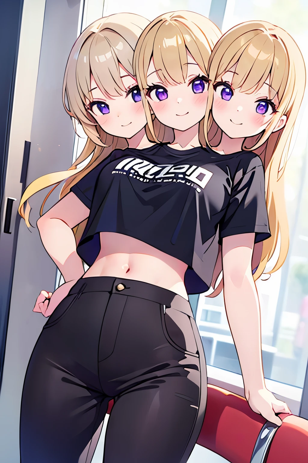 (best quality), (two_heads:1.4) (masterpiece), (solo), 1girl, blonde hair, yellow eyes, cross-shaped pupils, park background, symbol-shaped pupils, red horns, black sports bra, midriff, striped shirt, white pants, black belt, baseball cap, ((sadistic)), upper body