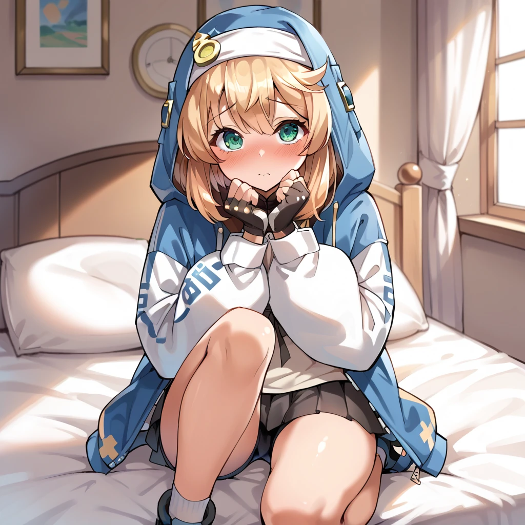 (masterpiece, best quality),(high resolution),(detailed),(((anime style))),solo, 1girl, cute girl,bridget, big eyes,hooded jacket, long sleeves, black gloves, fingerless gloves, black pleated skirt, (bike shorts),(shy face),blush,bedroom,indoor,