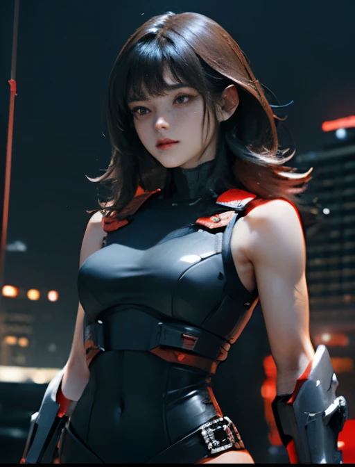  dark-haired woman、red and blue mechanic armor(Small chest、 sleeveless、Exposed thighs)、 standing、 cyberpunk city at night 、