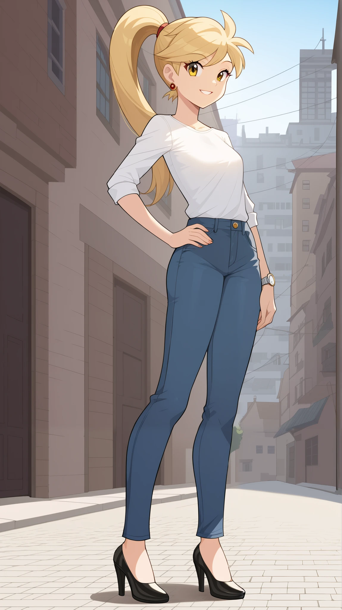 Blonde,  yellow eyes,  ponytail, 1 Female, Age 16,  WHITE SHIRT, Black jeans,  Tall,  black high heels, yellow earrings , Place one hand on hip,  standing, whole body,  slim figure,  sexy smile,  Seductive Smile ,  score_9,  score_8_Excellent,  score_7_Excellent,  score_6_Excellent,  top quality,  source_Anime,  cell shading ,  flat color, vector,  detailed background, town, Daytime, building,  break 1 girl , Alone, (\ Pokemon\), Outdoor,  Watch viewers,
