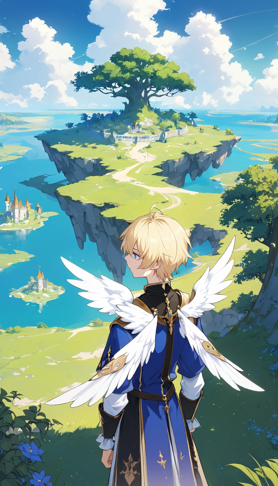 a male boy , blond hair , with blue eyes , with white wings on its back, Prince clothes , medieval clothes , medieval fantasy , in a garden on a floating island watching the landscape, Melancholic blond angel, Thoughtful, Serious