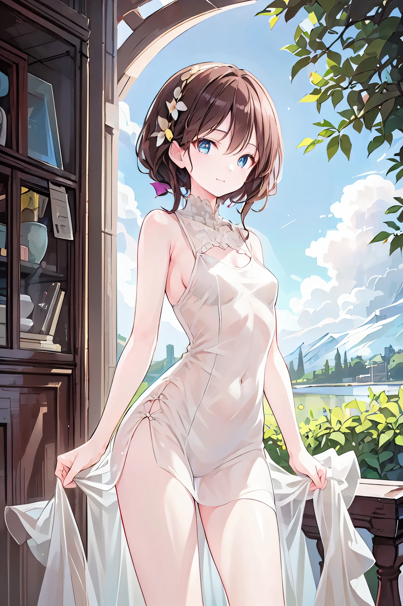 best quality,masterpiece,1girl,solo,(((9years old))),japanese girl,an extremely cute and beautiful girl,highly detailed beautiful face and eyes,petit,cute face,lovely face,baby face,shy smile,show teeth,black hair,medium short hair,flat chest,Hairless pussy,nipples sticking out on the dress,no bra,no panties,skinny,slender,(((wearing a white Transparent mini fairy godmother dress))),(((standing in a Castle garden))),she is looking at the viewer,(((lift your clothes above the waist))),((open your legs)),(((show your pussy to viewer))),((NFSW))