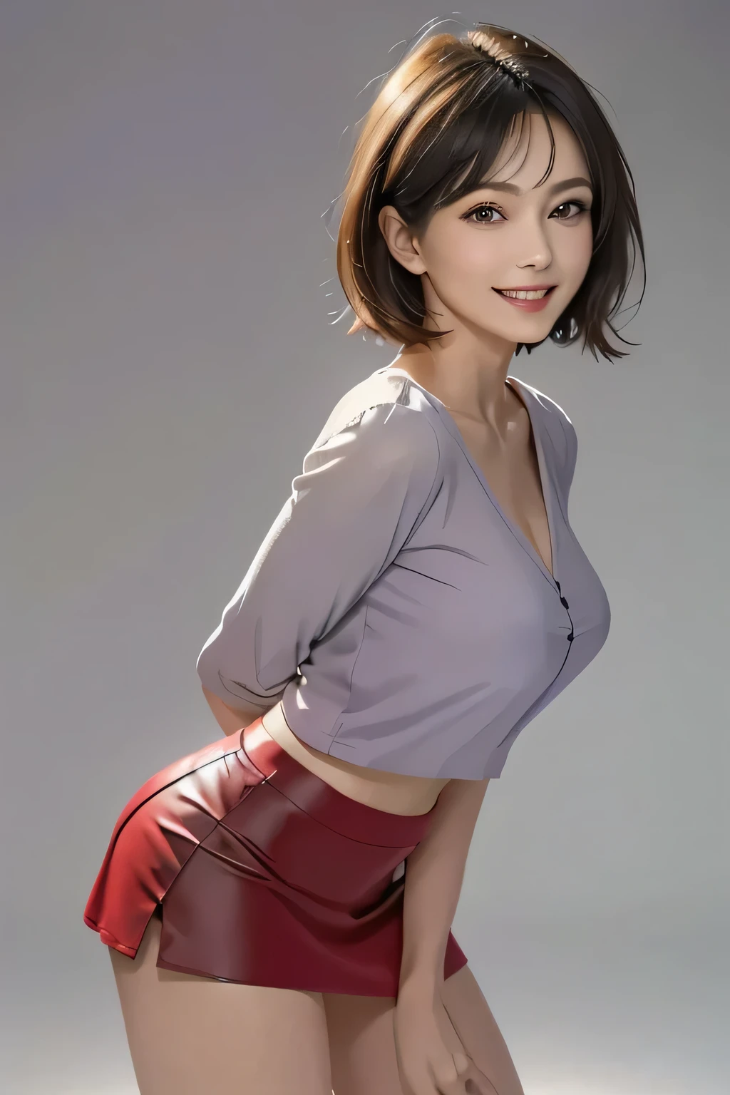 (1 Ultimate Beautiful Mature Woman),  very detailedな顔,  beautiful brown eyes,  double eyelids , detail lip ,  has short black hair , (Light purple blouse:1.2), ( red tight mini skirt :1.4), ( Big Breasts ), smile, Thighs,   perfect lighting  , ( realistic :1.4), ( very detailed), ( top quality), (best shadow), (masterpiece), ( top quality), ( super high resolution),  ((background:  Tokyo Ginza Art Gallery))