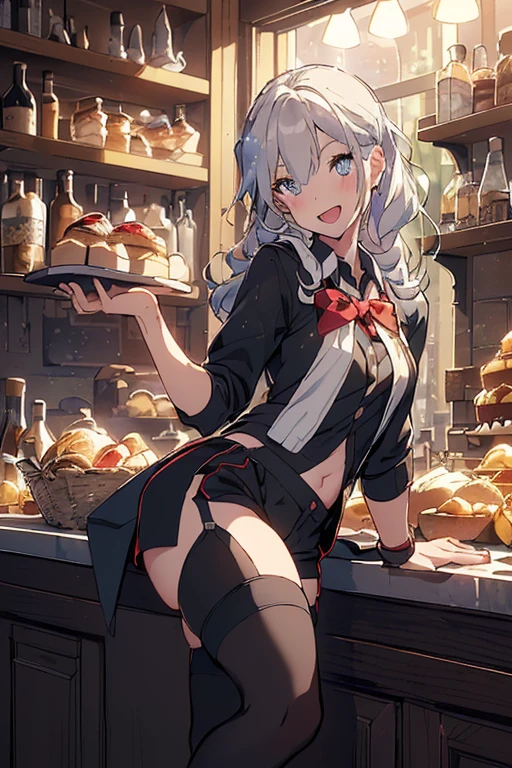 (perky chest:1.2), (pointed chest:1.2),(((Black Tunic:1.3))),(((cakes and bread in the basket),Cute and beautiful girl,(masterpiece), 1girl, solo, adult female, perfect adult female body, (sexy and seductive pose:1.3), bar interior at morning, countertop, plants on shelf, long wavy hair, silver hair,detailed eyes, blue eyes, smiling mouth closed, black waist coat, red bow Black business pants,garter stocking, bootyshorts, black shorts, black thighhighs, thigh strap,(with sparkling eyes and a contagious smile),open mouth, highest quality, high resolution,Real World, Natural light,perfect Natural light, Looking at Viewer,
