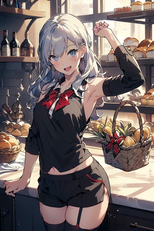 (perky chest:1.2), (pointed chest:1.2),(((Black Tunic:1.3))),(((cakes and bread in the basket),Cute and beautiful girl,(masterpiece), 1girl, solo, adult female, perfect adult female body, (sexy and seductive pose:1.3), bar interior at morning, countertop, plants on shelf, long wavy hair, silver hair,detailed eyes, blue eyes, smiling mouth closed, black waist coat, red bow Black business pants,garter stocking, bootyshorts, black shorts, black thighhighs, thigh strap,(with sparkling eyes and a contagious smile),open mouth, highest quality, high resolution,Real World, Natural light,perfect Natural light, Looking at Viewer,
