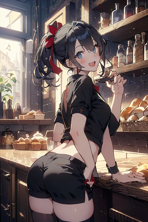 (perky chest:1.2), (pointed chest:1.2),(((Black Tunic:1.3))),(((cakes and bread in the basket),Cute and beautiful girl,(masterpiece), 1girl, solo, adult female, perfect adult female body, (sexy and seductive pose:1.3), bar interior at morning, countertop, plants on shelf, long wavy hair, silver hair,detailed eyes, blue eyes, smiling mouth closed, black waist coat, red bow Black business pants,garter stocking, bootyshorts, black shorts, black thighhighs, thigh strap,(with sparkling eyes and a contagious smile),open mouth, highest quality, high resolution,Real World, Natural light,perfect Natural light, Looking at Viewer,
