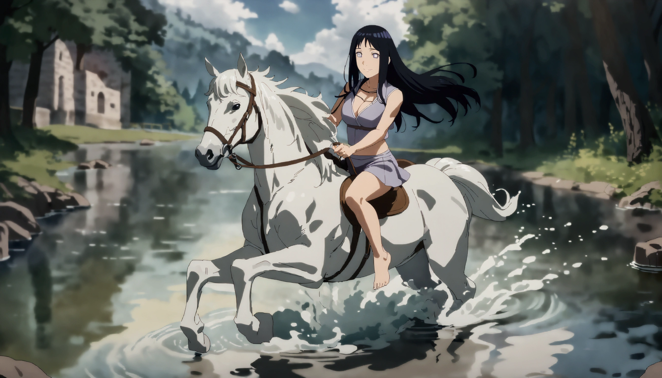 ((best quality)), ((anime masterpiece)), (high detailed), 8k, cinematic lighting, perfect face, medium breast, cleavage, (((a smiling woman wearing miniskirt riding on a REARING WHITE HORSE)), (hinata hyuga, long hair, {black hair}), (sleeveless, miniskirt, bare legs, barefoot)), (white horse, saddle, reins, bridle), solo, (in the river, submerge water, splashes, woods, medieval settings:1.2), both hand holding rein, from side: 1.2, anatomically correct 