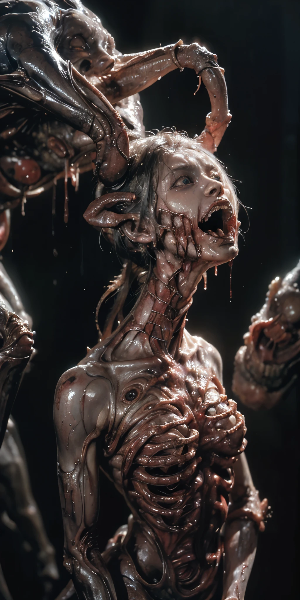 Closeup of skinned woman, showing dissected muscles, organs, ribcage, naked, screaming, bloodied 