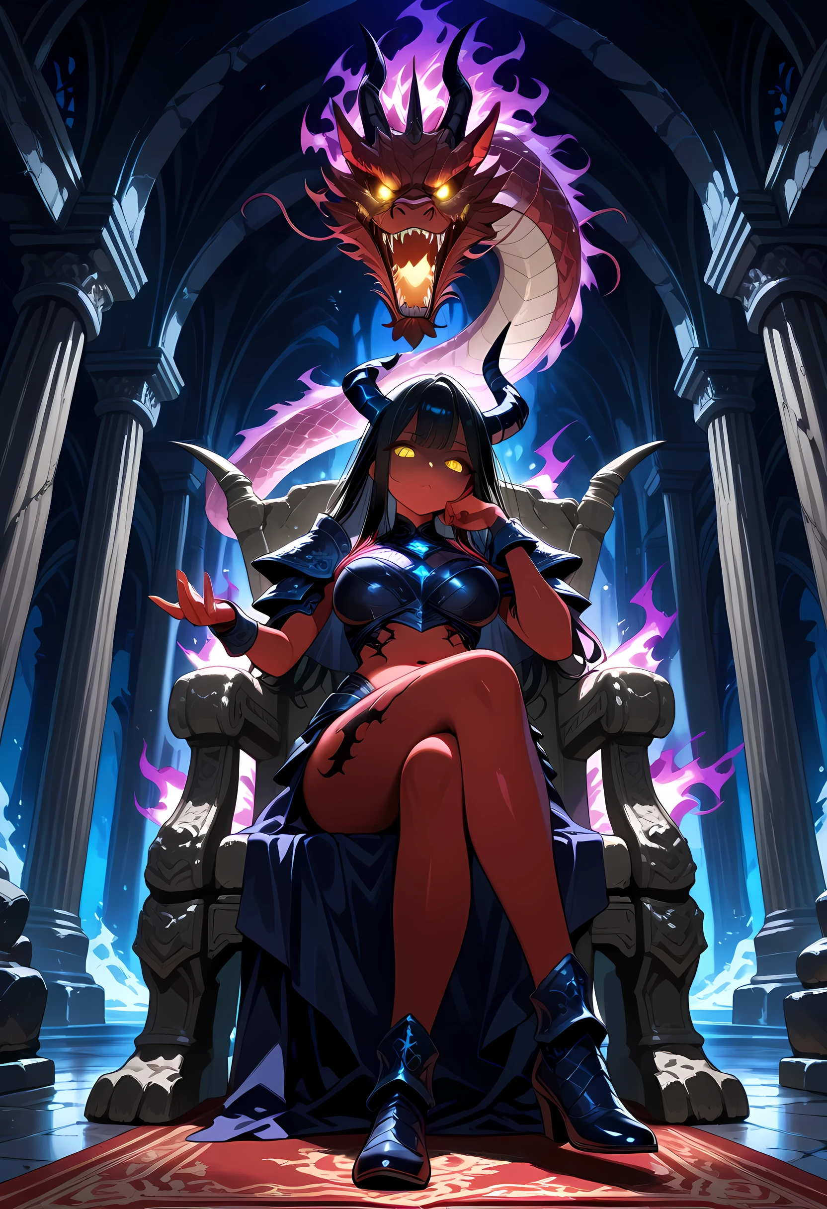 1girl, single horn, demon lord, sitting, black hair, crossed legs, yellow eyes, glowing eyes, neckless, on thrones, stone thrones, bangs, red skin, shaded face, purple fire, long hair, Erebus, intricate devil armor, cave, powerful and menacing, from below, extermination, face focus,leg focus,boring expression, left hand to own cheeks:1.2, thigh, armor mixed with fabric clothing, navel, big breast, intricate detail, horror, dark style, front view, carpet, BREAK Guardian on her side, worm, giant eastern dragon,depth,(wakanda:1.2), pillars,eerie lighting ,underworld, dark blue themed cave, amazing quality, Good quality, very aesthetic, absurdres, newest, masterpiece, best quality