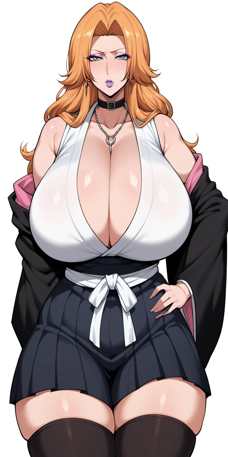 score_9,score_8_up,score_7_up,score_6_up,score_5_up,score_4_up,rating:explicit,1girl, breasts, solo,thighhighs, white background,simple background,hand on hip, cleavage, makeup, looking at viewer, bare shoulders, thighs, covered navel,, lipstick, huge breasts, thick thighs, purple lips, collarbone, wide hips, mature female, phosphor pink lipstick, plump lips, phosphor pink eyeshadow，rangiku matsumoto, long hair, grey eyes, orange hair,  parted bangs, skirt, shirt, cleavage, jewelry, school uniform, pleated skirt, necklace, chain, collar, short sleeves, grey skirt, white shirt, long sleeves, cleavage, jewelry, japanese clothes, kimono, necklace, black kimono, hakama, black hakama, sash, white sash,，milfication,mature female,milf,gigantic breasts