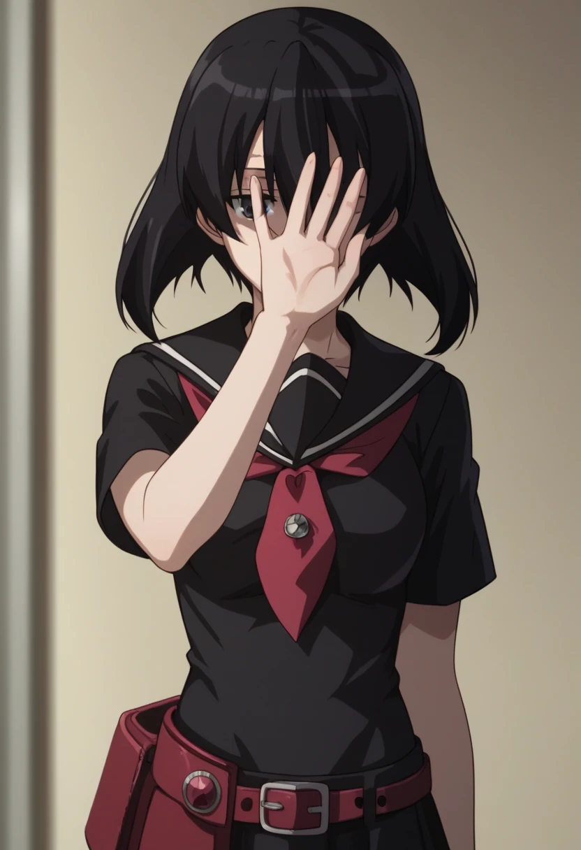 girl,covering her eyes with one hand, 1girl, solo, kurome, short hair, black hair, black eyes, hair between eyes,
skirt, school uniform, serafuku, belt, black serafuku, short sleeves, belt, black skirt, neckerchief, red neckerchief,(covering own eyes, One-handed v)