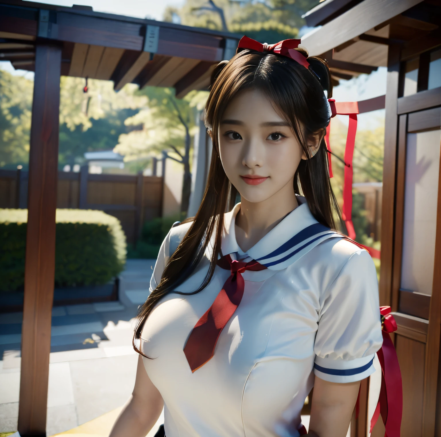 ((((best quality))))、(((Super fine CG16K wallpaper)))、(((masterpiece)))、(((Ultra Detailed)))、(((Extremely detailed)))、1people'woman、Mature woman、24歲woman、((Japanese face))、((Very beautiful face))、((strength:1.5))、((Double ponytail straight hair:1.2、Bangs))、(Shiny Brown Hair)、Beautiful and delicate eyes、Brown eyes、raised eyebrows、high nose、small nostrils、Little mouth、seductive lips、Beautiful breasts、((g cup size breasts))、Cleavage,cleveage、Full figure、(Fat body type)、Perfect proportion、Perfect anatomical structure、perfect composition、Beautiful and detailed shadows、美丽的Natural light线、beautiful detailed glow、Depth of writing boundaries、(((High chroma)))、(((real:1.9)))、((vivid:1.5))、((edge:1.6))、((beautiful skin))、((Texture))、((realな皮膚感))、(((Cowboy shooting、thigh:1.5)))、((View from the side:1.5))、((Shy laugh:1.5))、(eyes looking at me:1.5)、Day Park、Bright sunshine、Natural light、(((Park Square:1.2)))、(Forward Leaning Posture:1.5)、(((High school girl wearing white sailor uniform:1.6)))、((earrings、Wearing a necklace:1.3))、((パンティをthighまで脱ぐ:1.6))、
